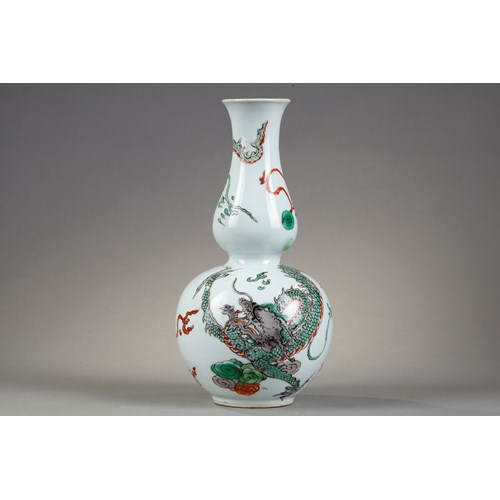 Vase double gourd porcelain Famille Verte - with a dragon